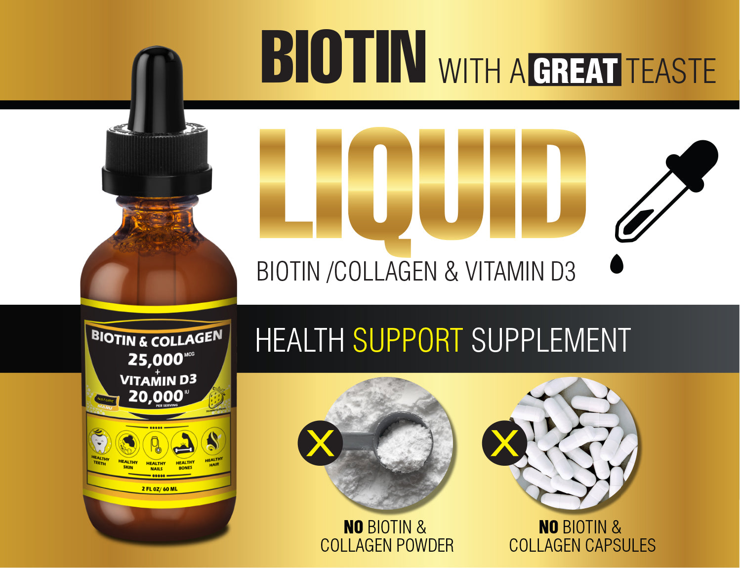 Nature Manu – Liquid Collagen + Biotin Drops with Vitamin D3 / Hair, Skin & Nails Support