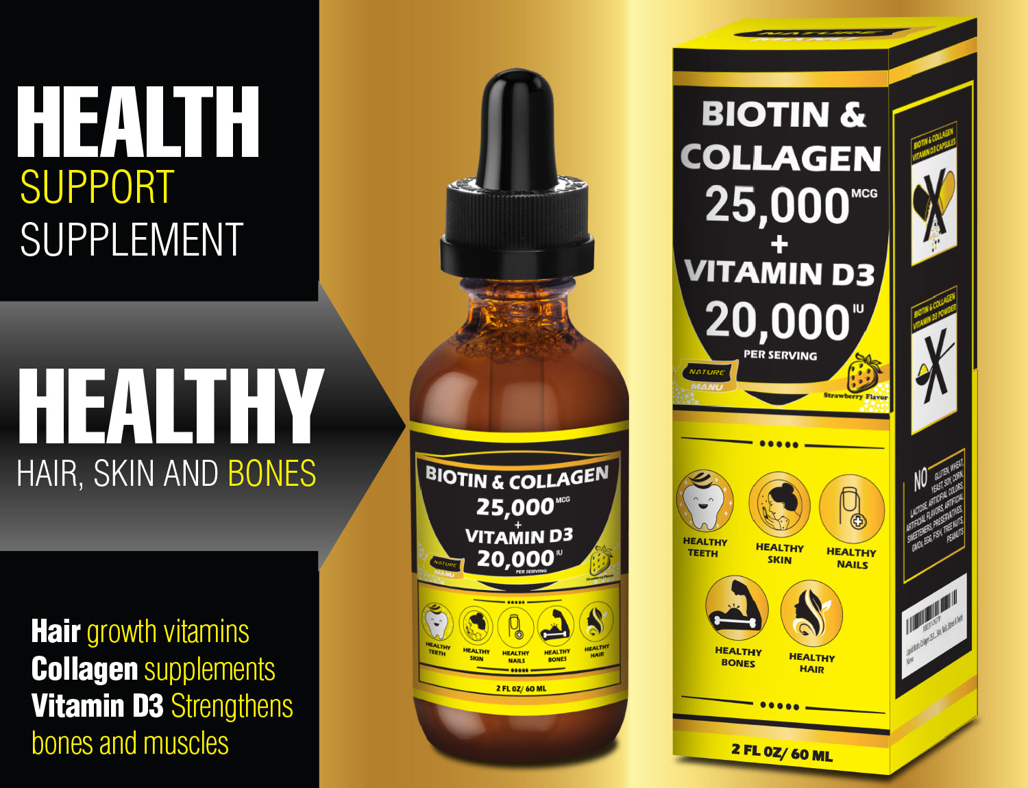 Nature Manu – Liquid Collagen + Biotin Drops with Vitamin D3 / Hair, Skin & Nails Support