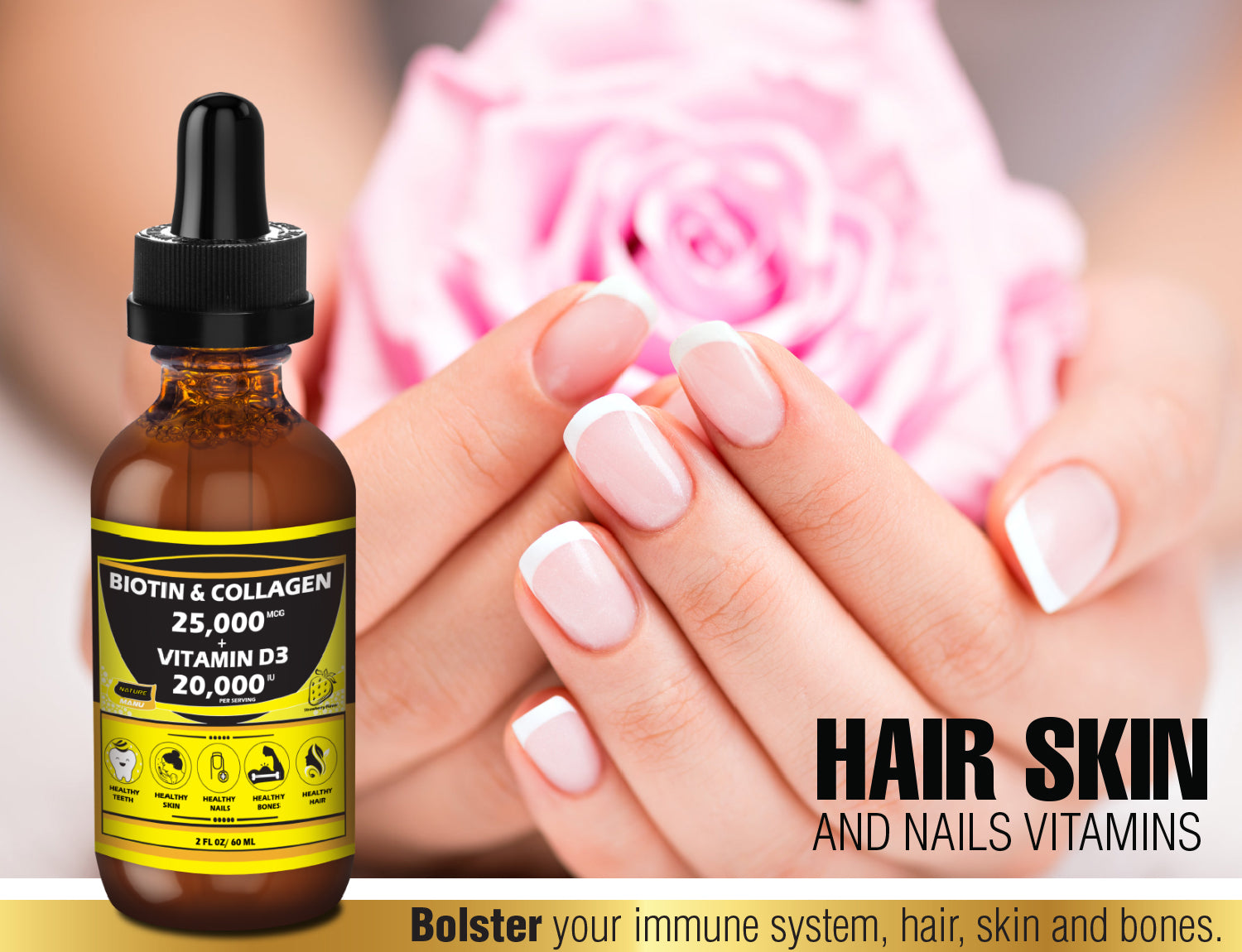 Nature Manu – Liquid Collagen + Biotin Drops with Vitamin D3 / Hair, Skin & Nails Support